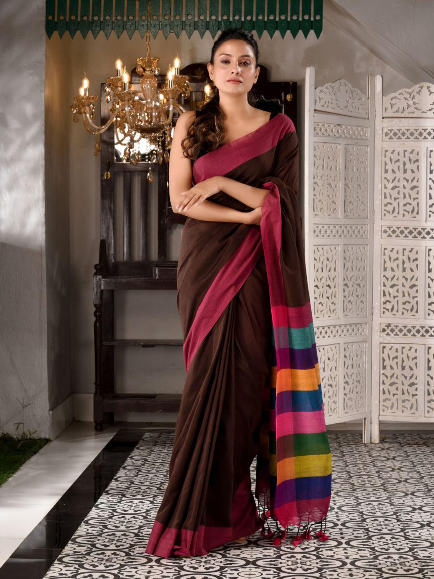 brown cotton textured handwoven saree with multicolor pallu unstitched blouse piece