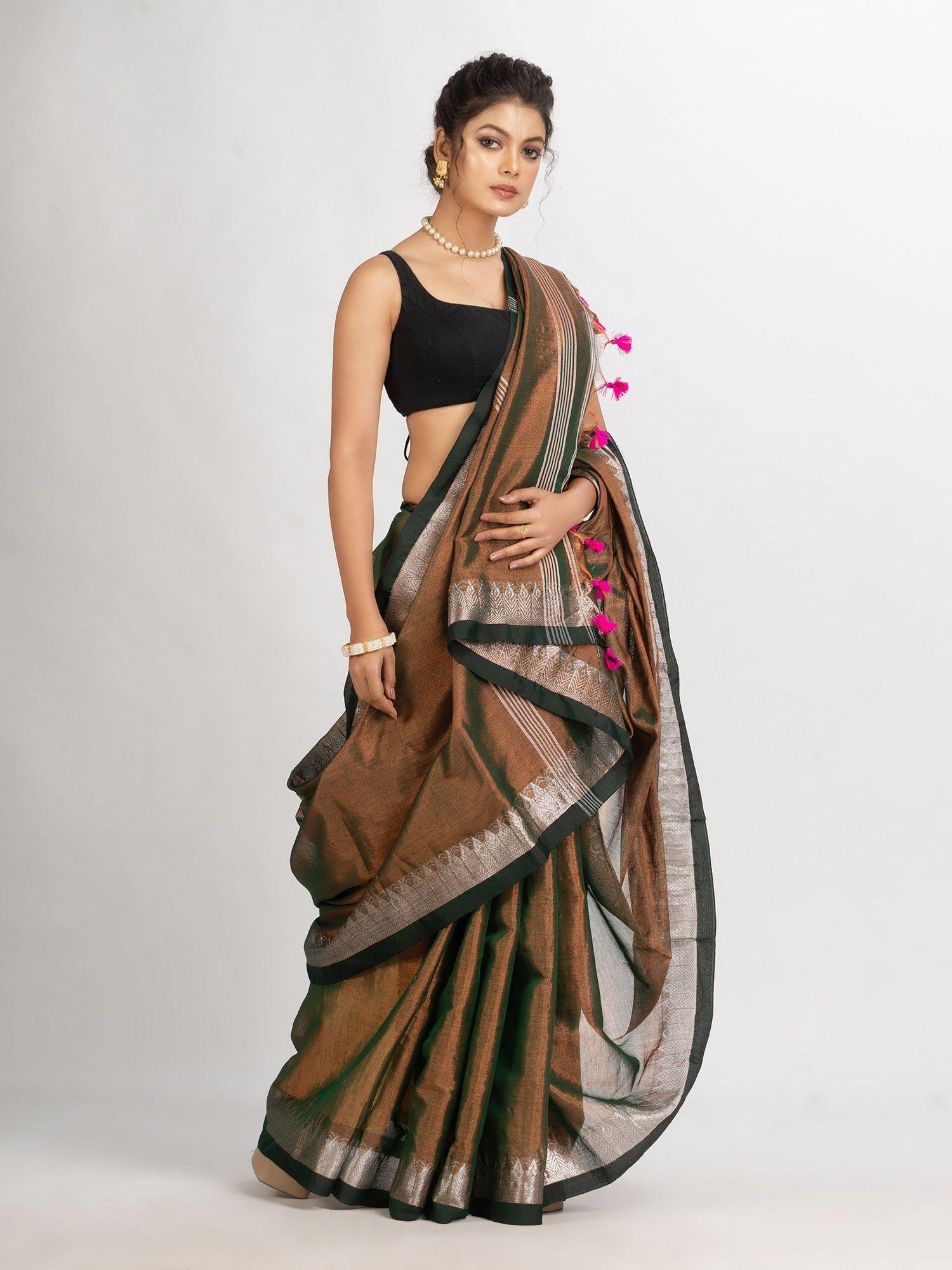 brown cotton tissue jacquard border handloom saree with unstitched blouse