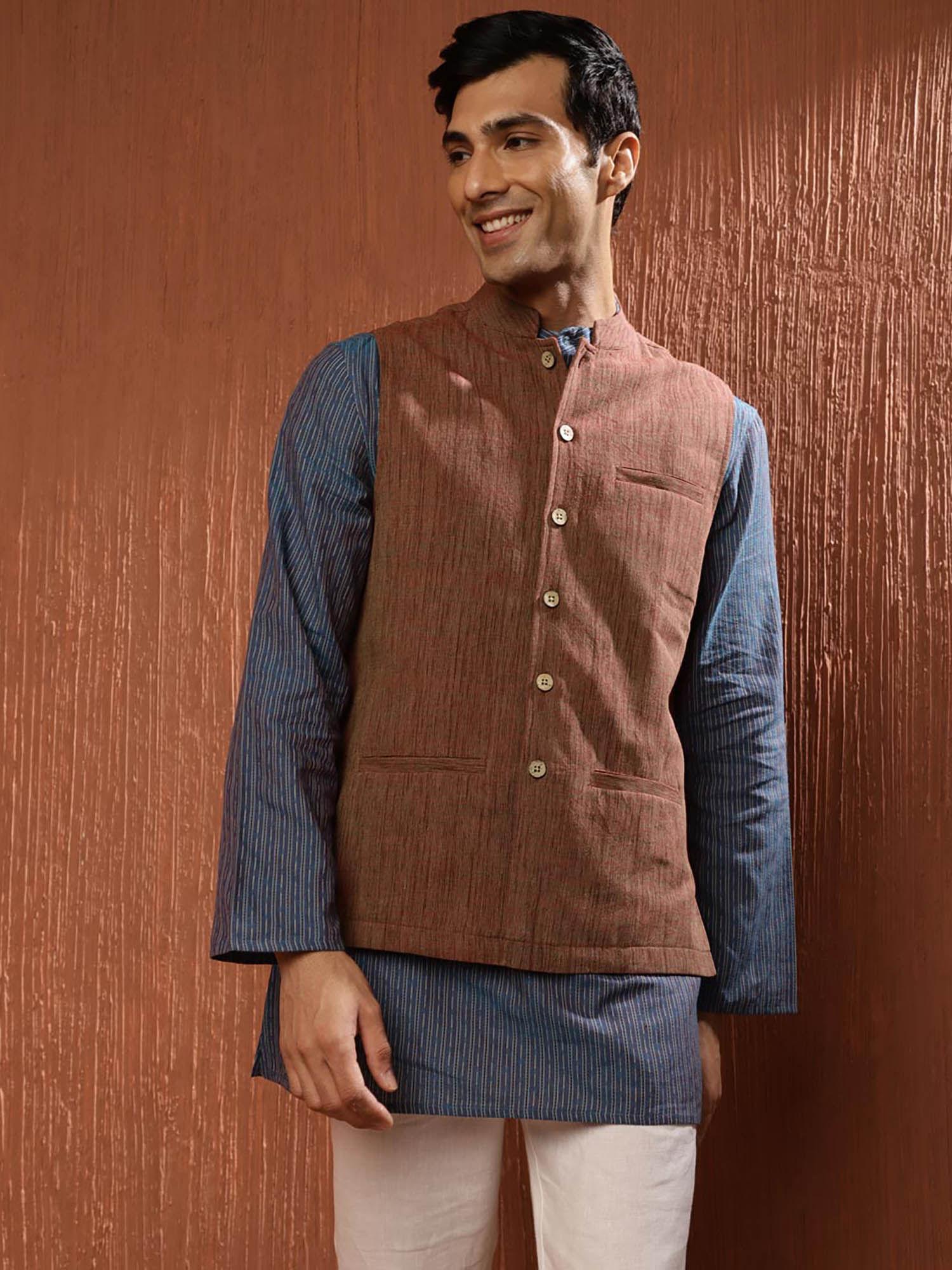 brown cotton woven nehru jacket