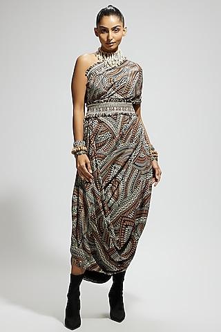 brown crepe printed one shoulder cowl draped dress with belt