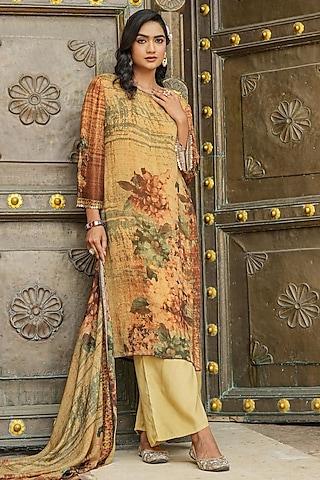 brown crepe silk abstract floral printed & embellished kurta set