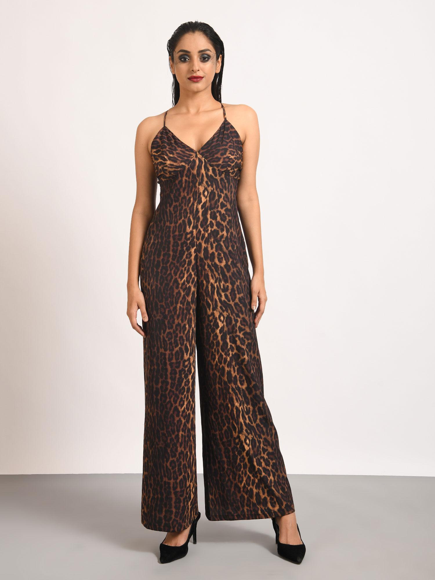 brown criss cross leopard jumpsuit