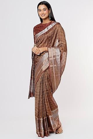 brown crushed tissue printed saree