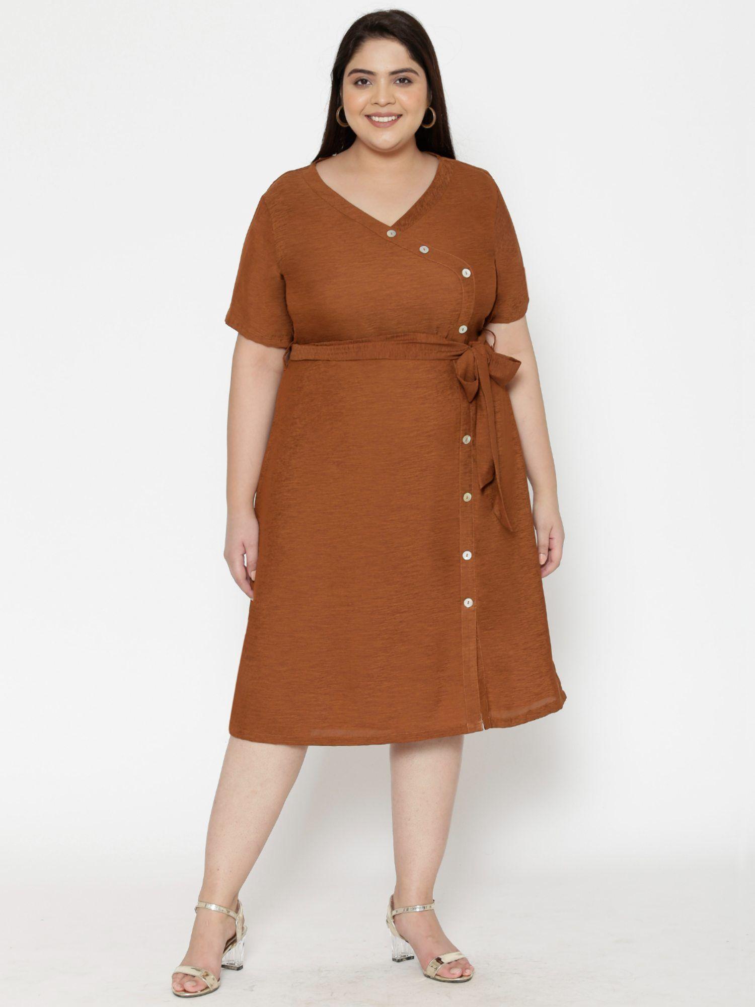 brown curve plus size side buttoned dress