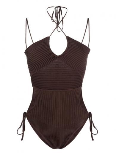 brown cut-out knitted bodysuit