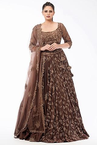 brown cut work lehenga set