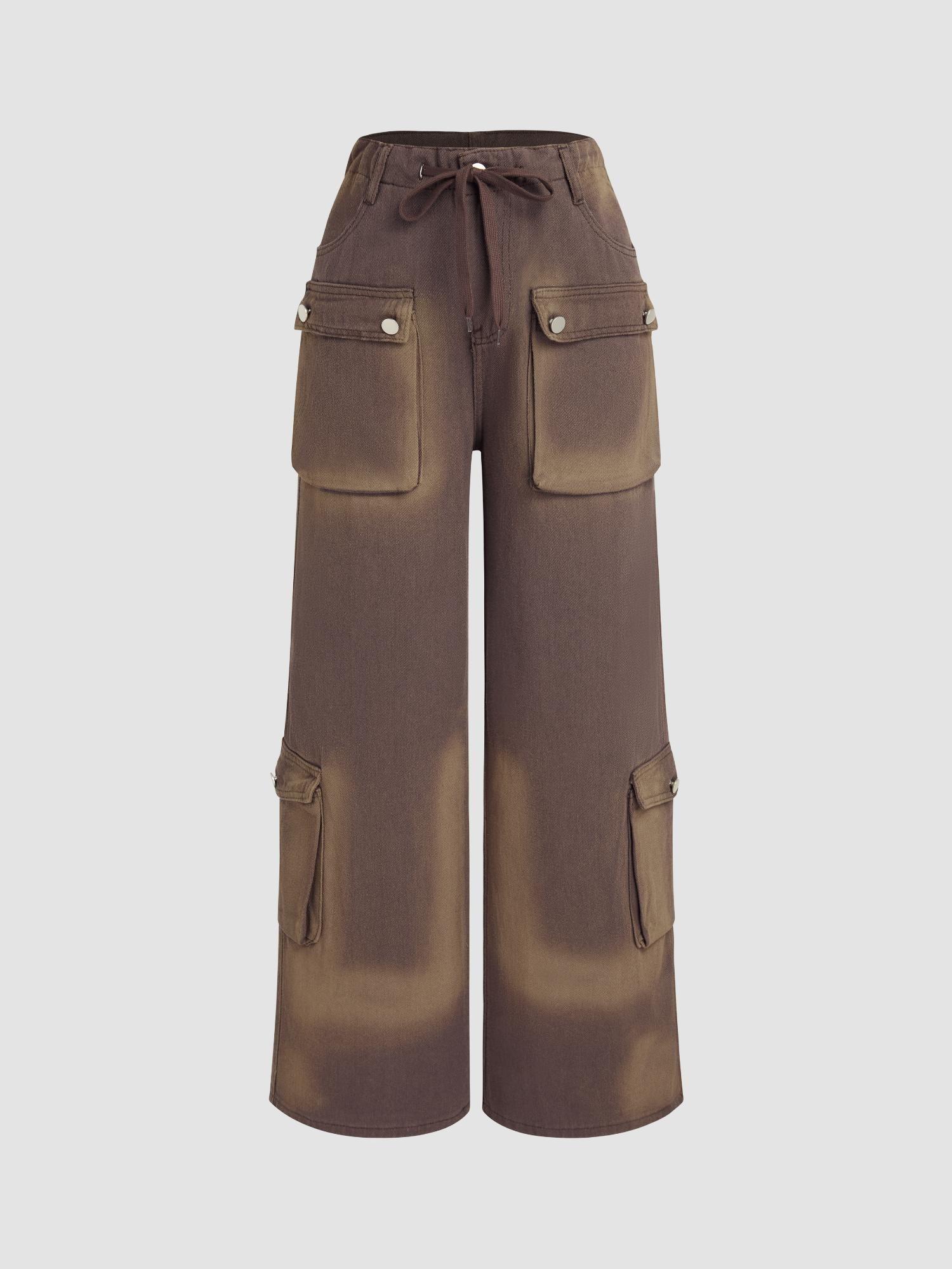 brown denim low rise cargo wide leg jeans