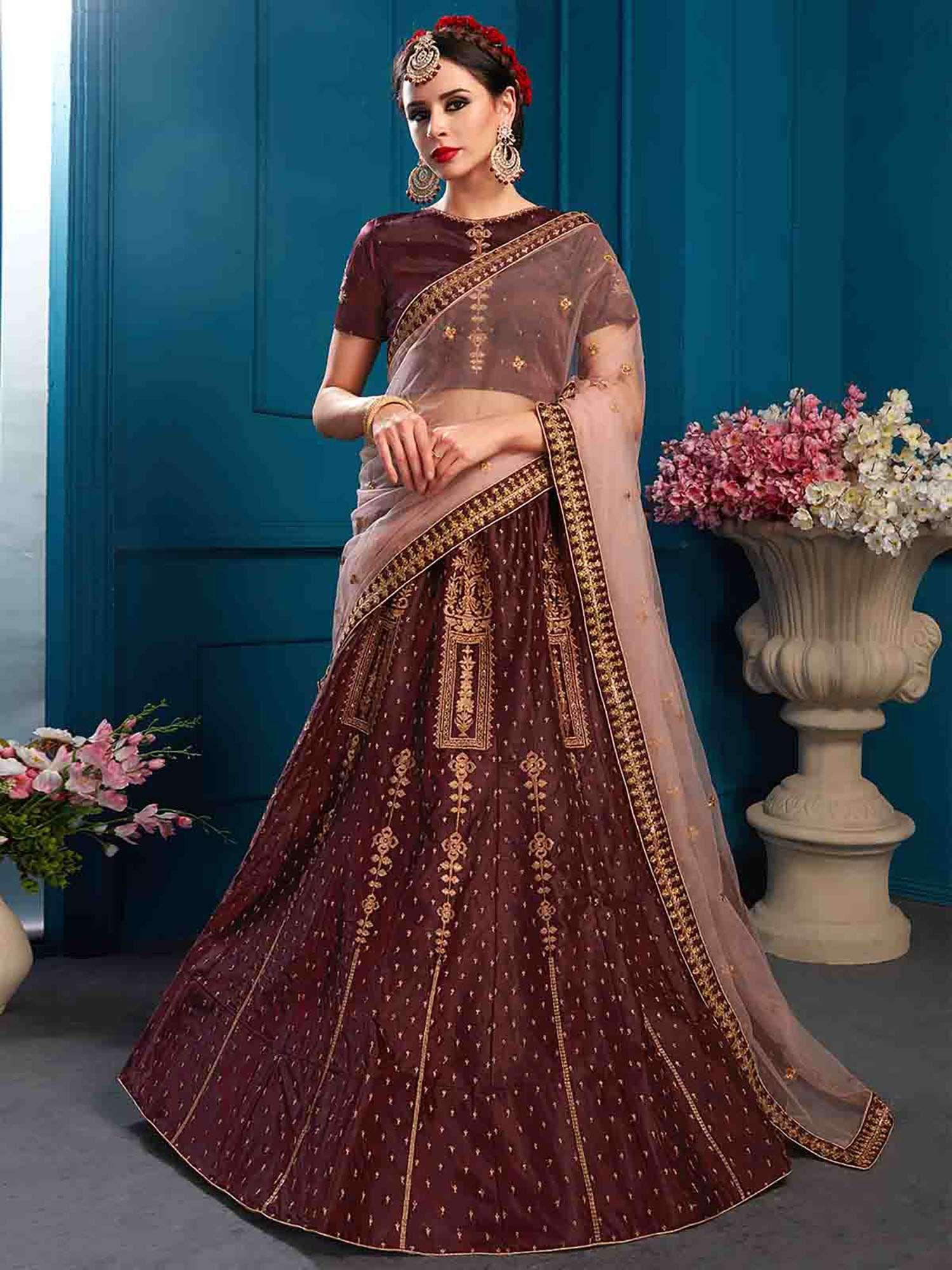 brown designer satin semi stitched lehenga with unstitched blouse (set of 3)