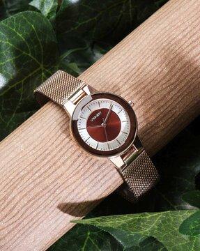 brown dial analogue fashion watch with mesh strap for women