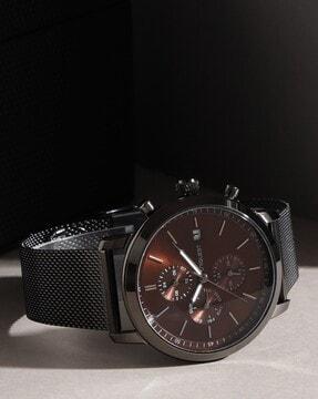 brown dial analogue fashion watch with multi-dial function and mesh strap for men