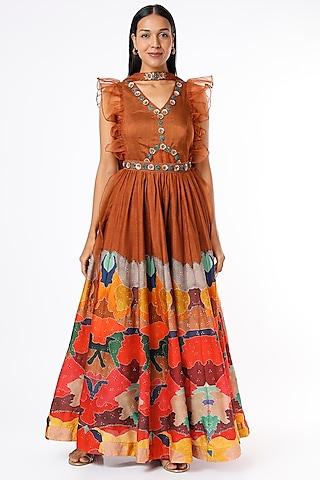 brown digital embroidered & printed gown