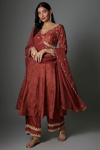 brown dola silk hand embroidered anarkali set