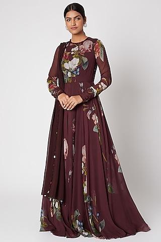 brown embellished & printed anarkali with dupatta