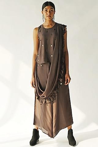 brown embellished pant saree set
