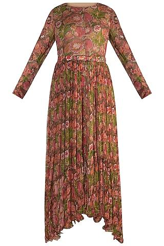 brown embellished printed midi dress