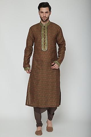 brown embroidered & printed dhoti kurta set