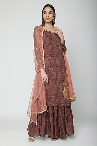 brown embroidered & printed kurta set