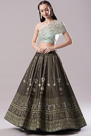 brown embroidered & printed lehenga set