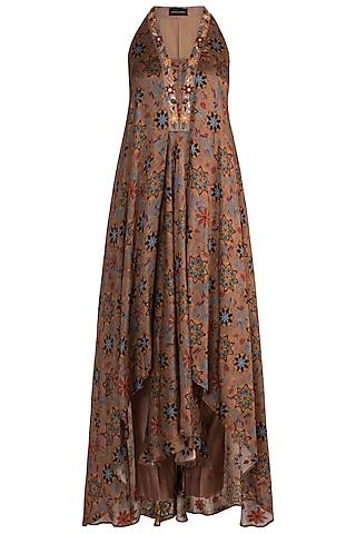 brown embroidered & printed tunic with pants