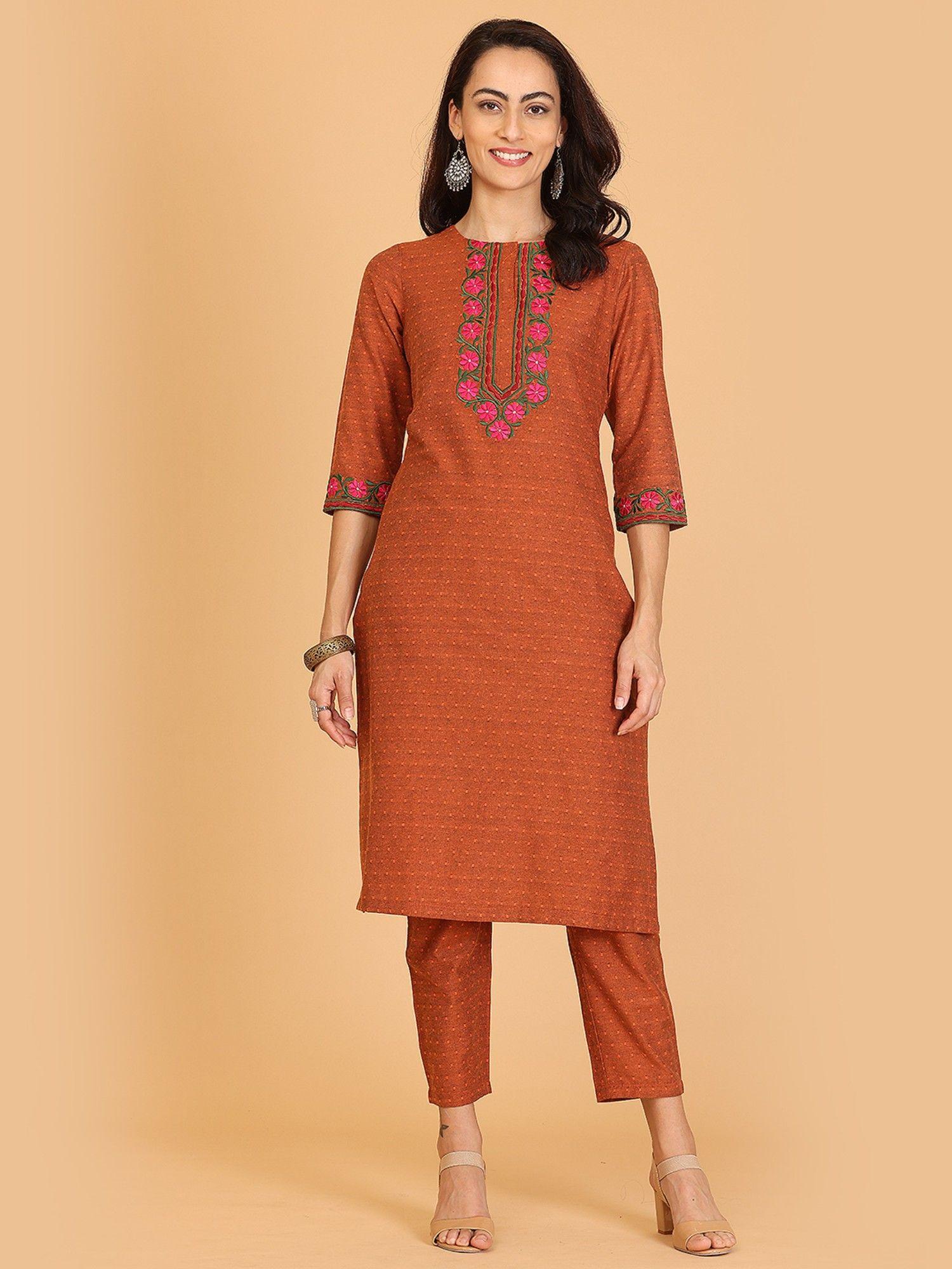 brown embroidered a-line kurta with pant (set of 2)