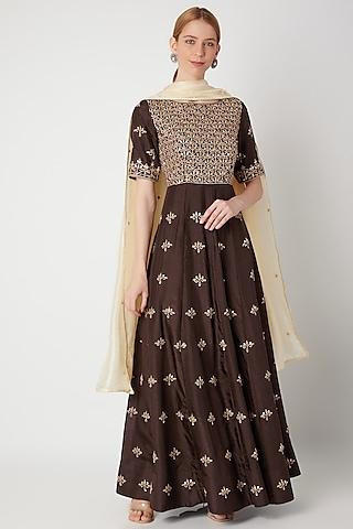 brown embroidered anarkali gown with dupatta