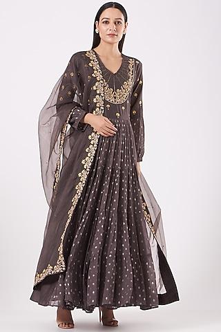 brown embroidered anarkali set