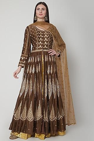 brown embroidered anarkali set