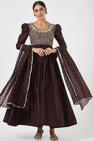 brown embroidered anarkali set