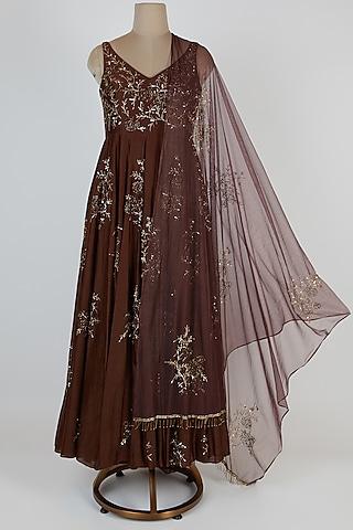 brown embroidered anarkali set