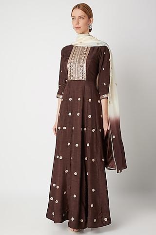 brown embroidered anarkali with shaded dupatta