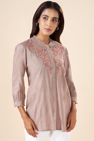 brown embroidered casual 3/4th sleeves mandarin women regular fit tunic