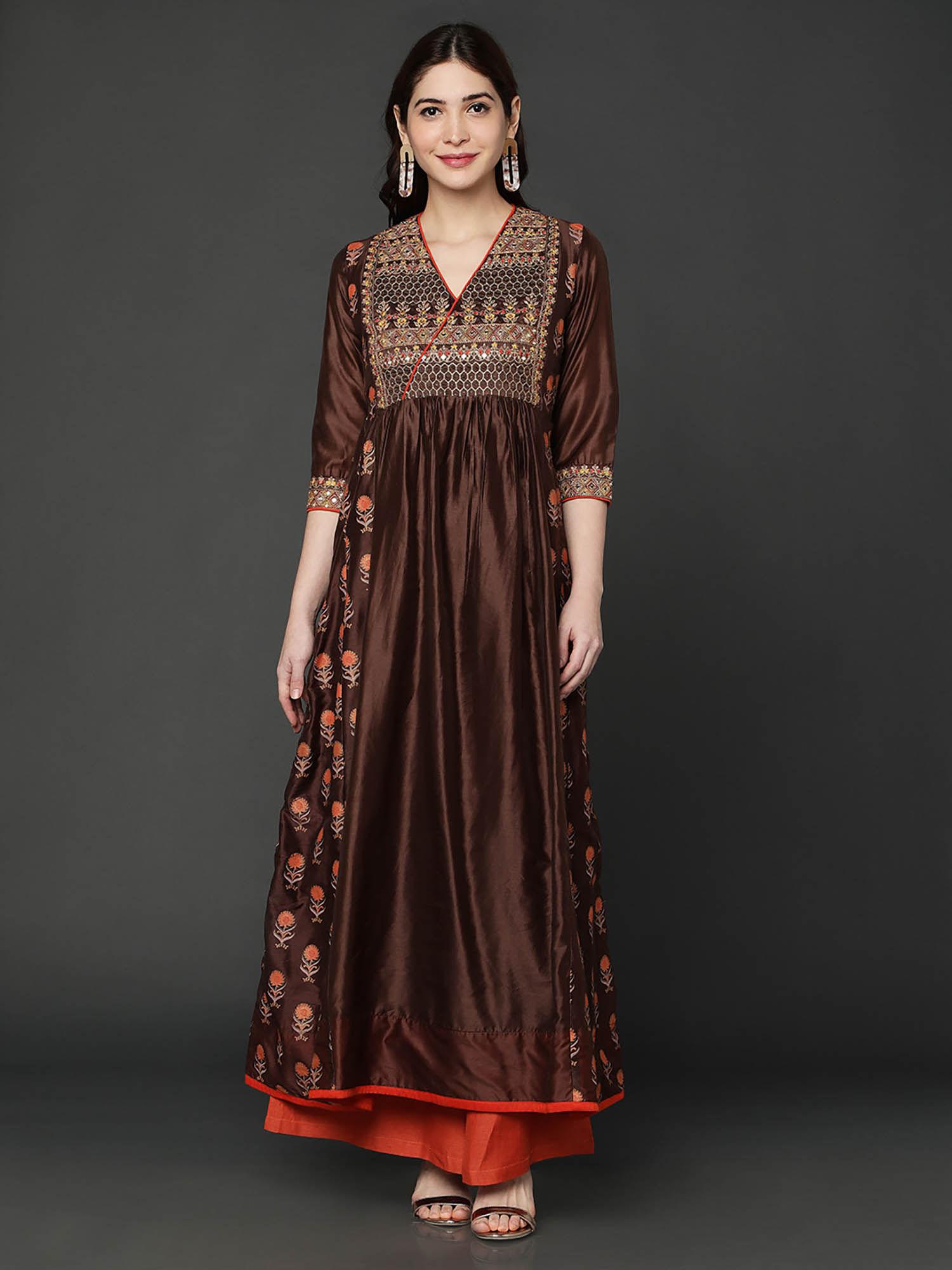 brown embroidered chanderi foil print kurta