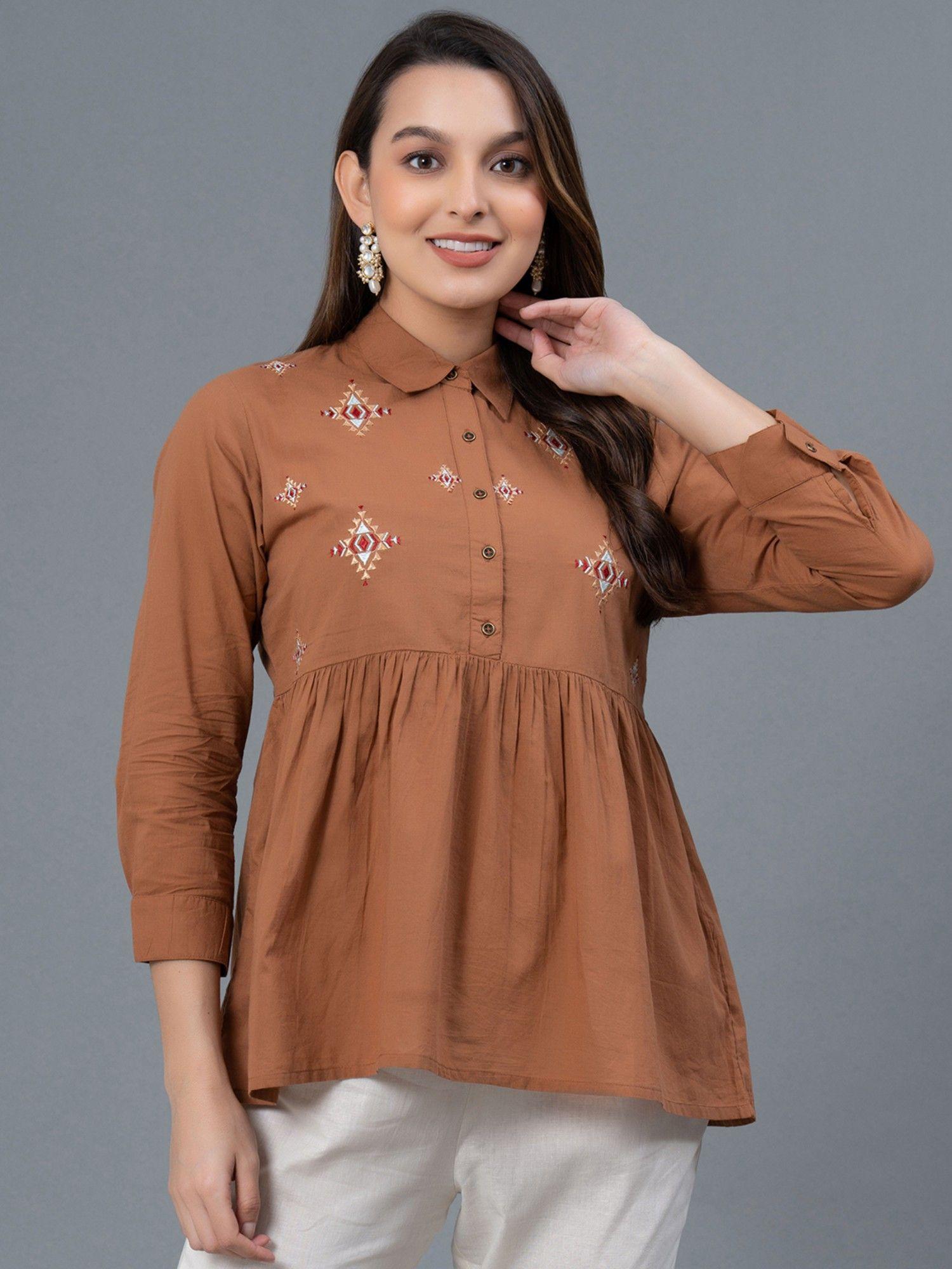 brown embroidered cotton womens blouse and top