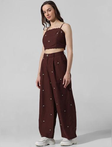 brown embroidered crop co-ord set top