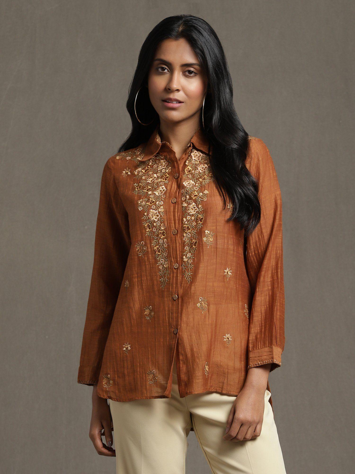 brown embroidered high-low button down kurti