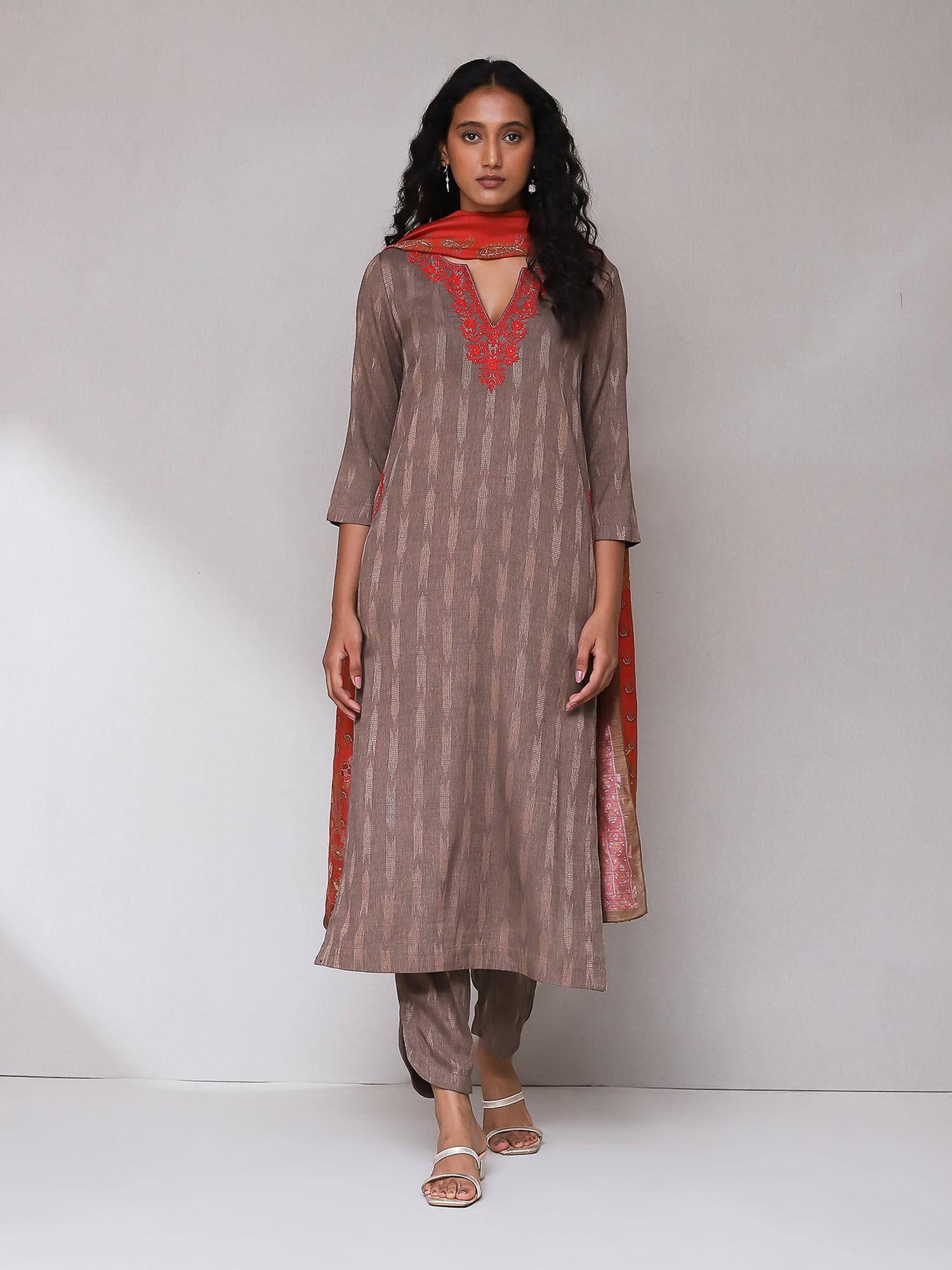 brown embroidered ikat kurta with bottom & dupatta (set of 3)