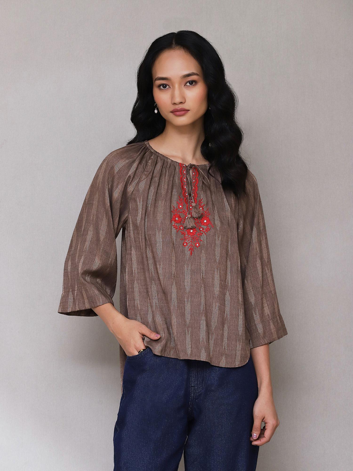 brown embroidered ikat top