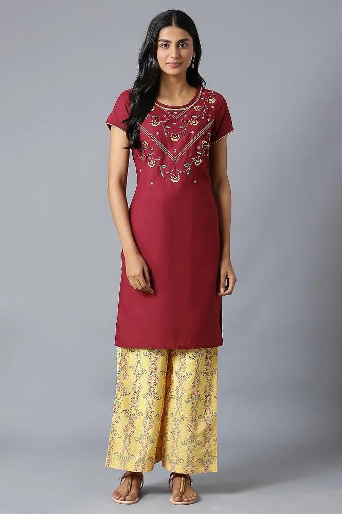 brown embroidered kurta in round neck with yellow straight palazzo