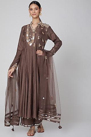 brown embroidered kurta set