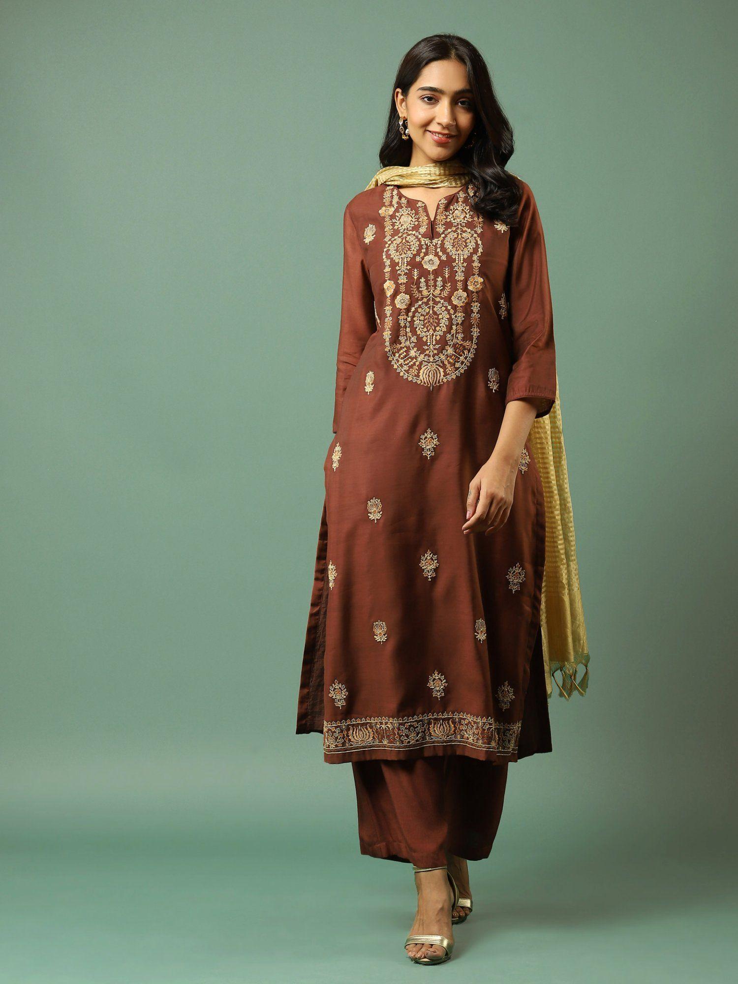 brown embroidered kurta with pant and dupatta (set of 3)