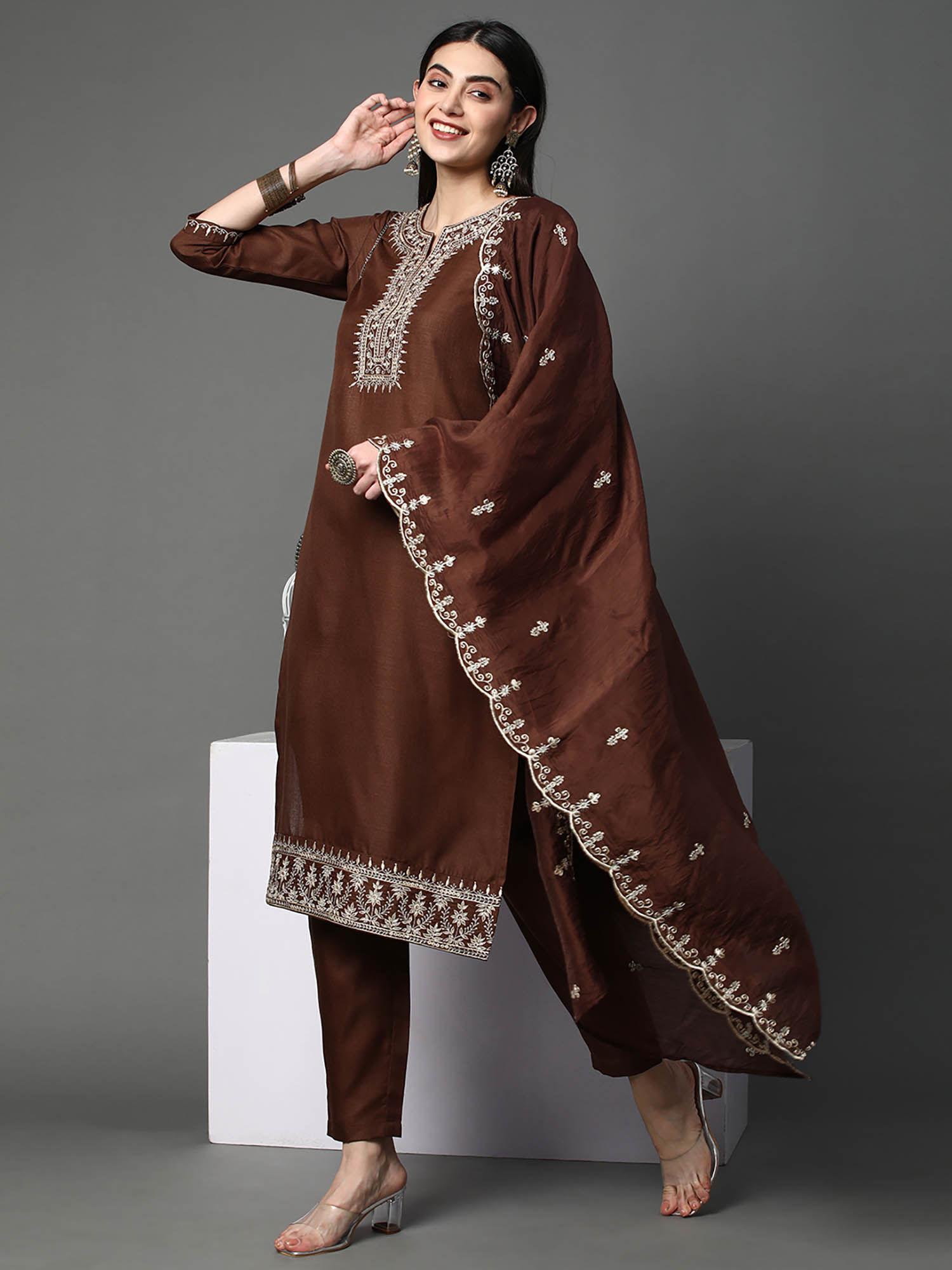 brown embroidered kurta with scallop dupatta (set of 3)