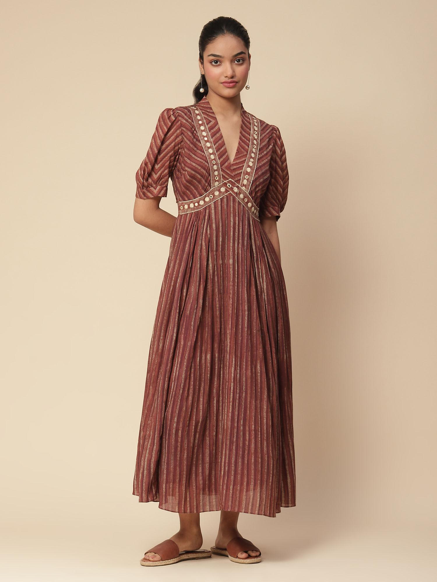 brown embroidered midi dress