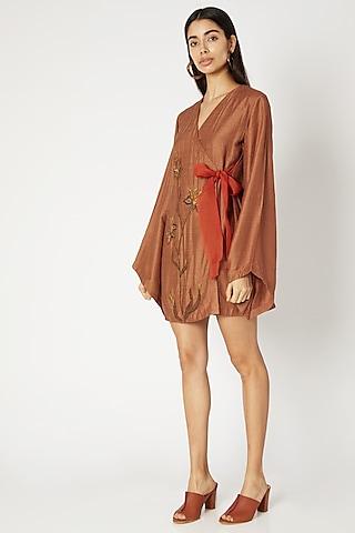 brown embroidered overlap tunic