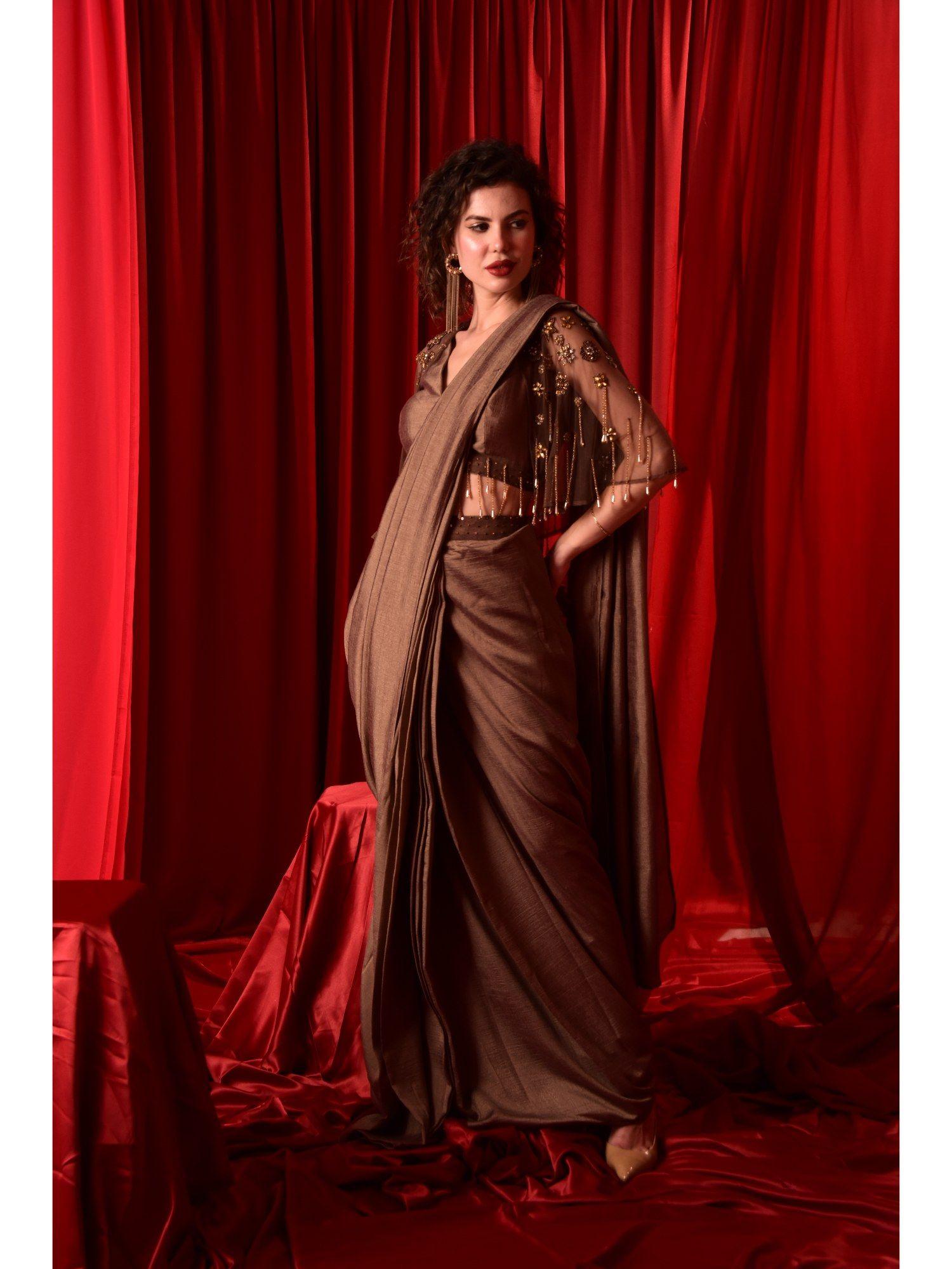 brown embroidered saree with stitched blouse