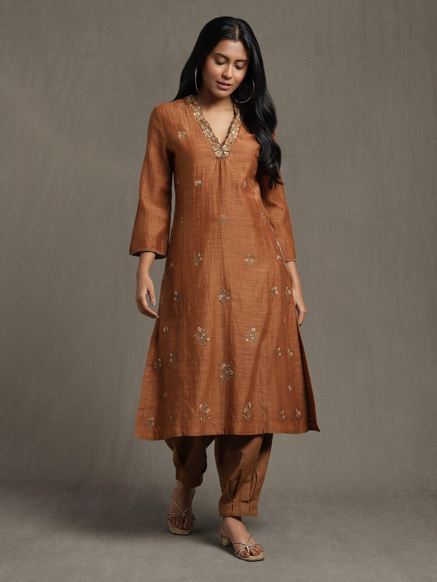 brown embroidered straight kurta with pants (set of 2)