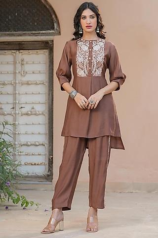 brown embroidered tunic set