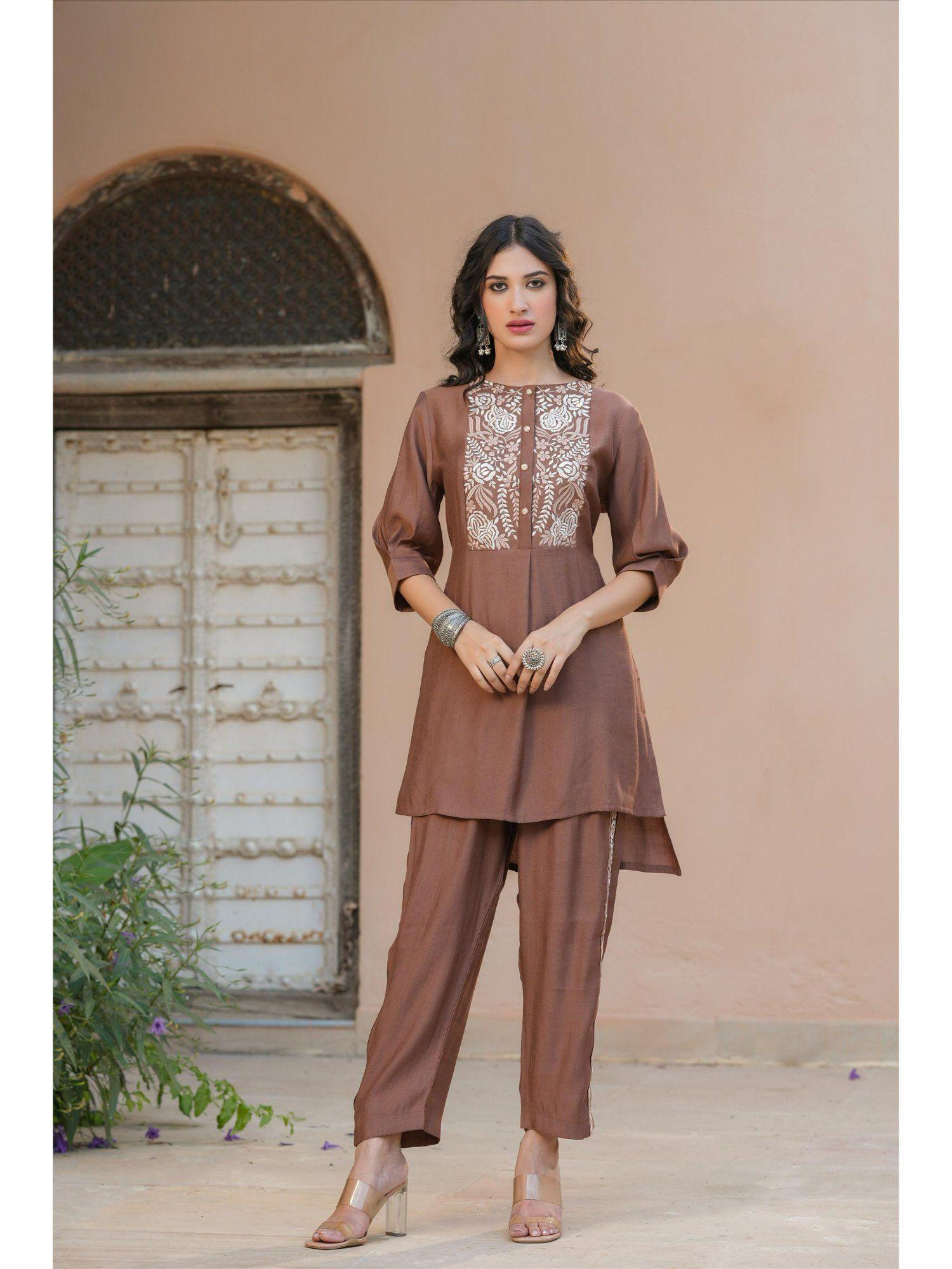 brown embroidered tunic with trousers co-ord (set of 2)