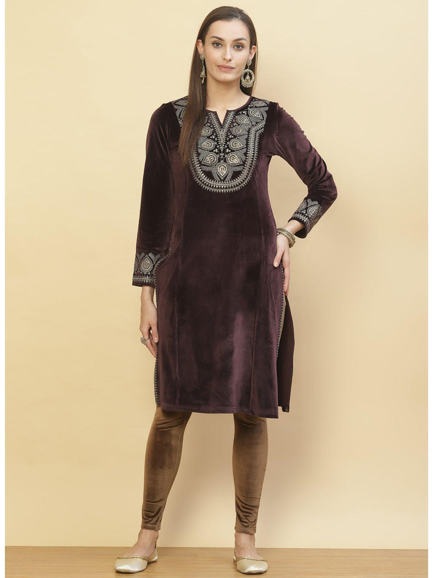 brown embroidered velvet kurti