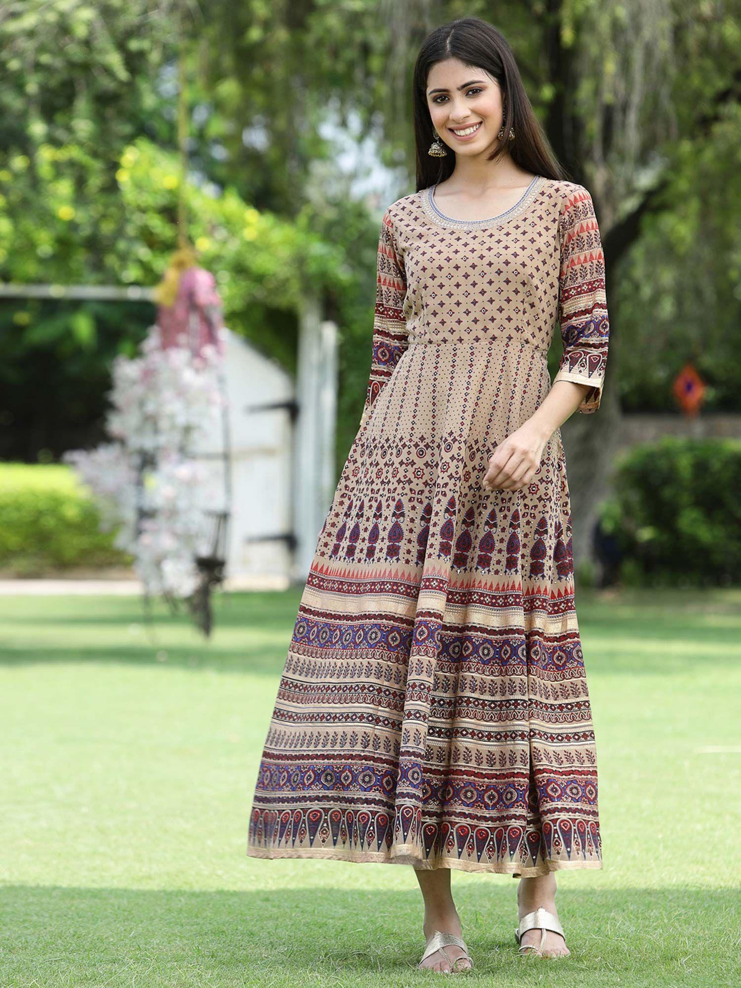 brown ethnic motif printed & embroidered georgette maxi dress