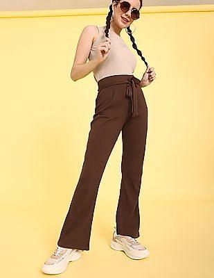 brown fabric belt solid knit trousers